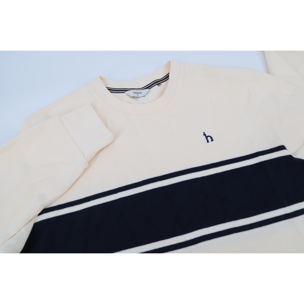 Hazzys Crewneck Knit Sweater Mens XL 110 Cream Navy Striped Sweatshirt HZTS4D345